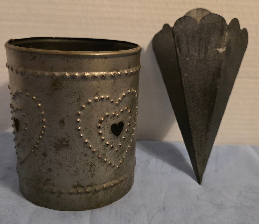 Primitive Punched Tin Heart Votice Candle Holder & Wall Pocket Lot